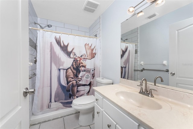bathroom featuring vanity, toilet, tile patterned floors, a shower with shower curtain, and visible vents
