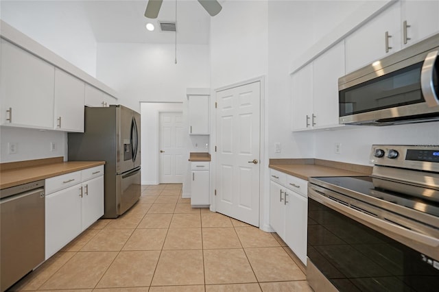 kitchen featuring white cabinetry, ceiling fan, and stainless steel appliances