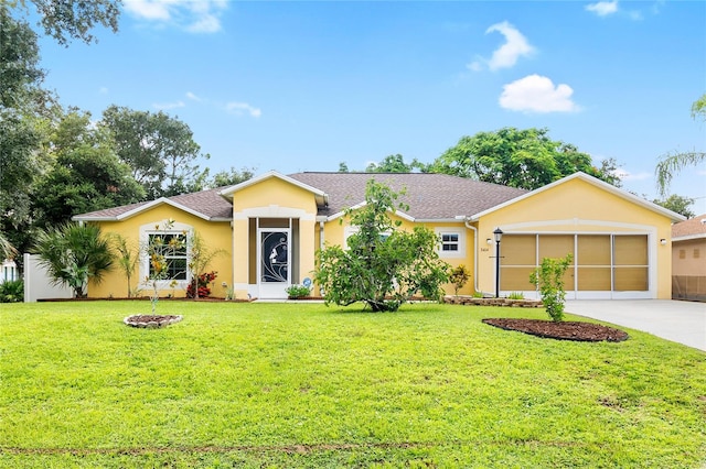 single story home featuring driveway, a garage, stucco siding, fence, and a front yard