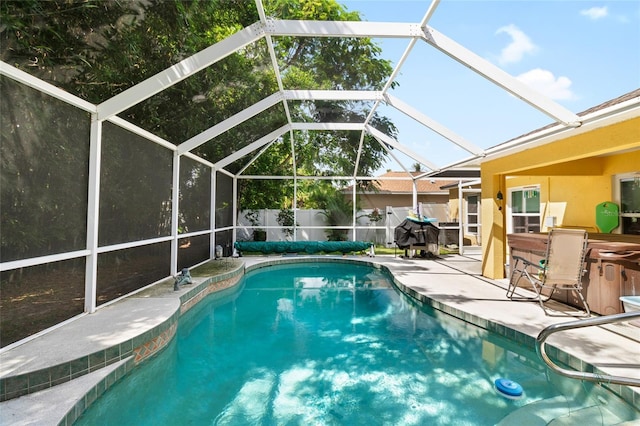 view of pool featuring a patio, a fenced backyard, a fenced in pool, and a lanai