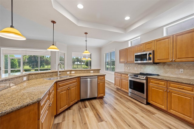 kitchen featuring tasteful backsplash, stainless steel appliances, sink, pendant lighting, and light wood-type flooring