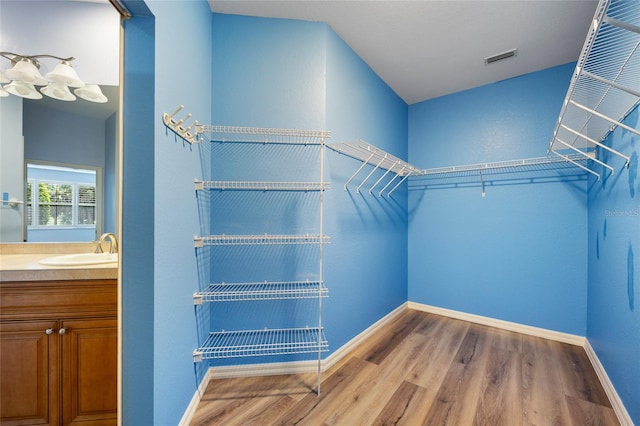 walk in closet with sink and light wood-type flooring