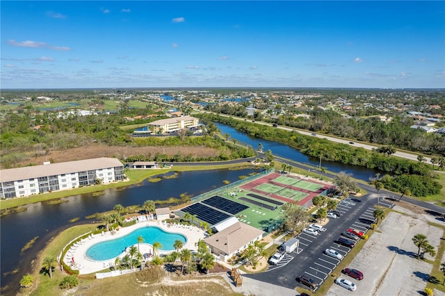 bird's eye view with a water view