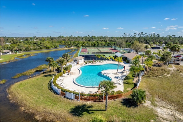 drone / aerial view with a water view