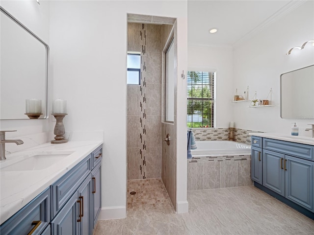 bathroom with two vanities, a sink, crown molding, a walk in shower, and a bath