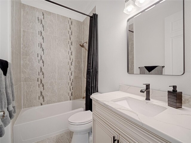 full bathroom with vanity, toilet, and shower / bathtub combination with curtain