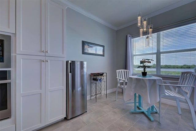 tiled dining area with ornamental molding