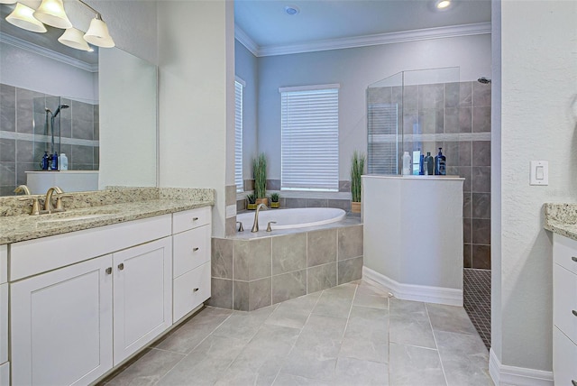 bathroom featuring vanity, crown molding, tile patterned floors, and shower with separate bathtub