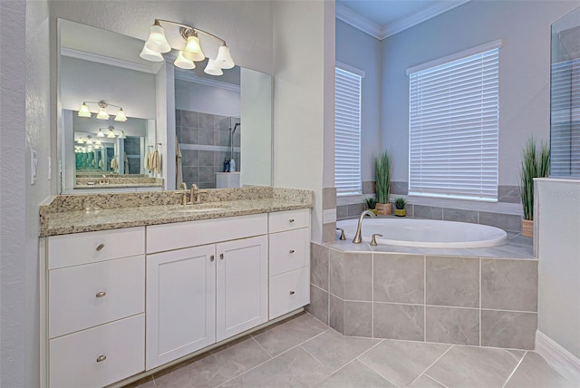 bathroom featuring crown molding, tile patterned flooring, vanity, a healthy amount of sunlight, and separate shower and tub