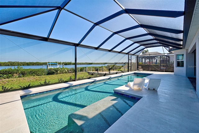 view of pool with a water view, a lanai, and a patio area