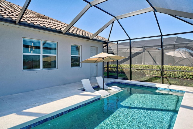 view of swimming pool featuring a lanai