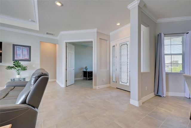 tiled office featuring crown molding