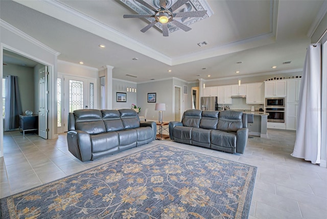 15240 Spanish Point Dr, Port Charlotte, FL 33981 - living area with light tile patterned floors, a ceiling fan, visible vents, recessed lighting, and a raised ceiling