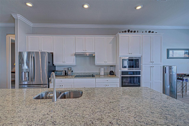 15240 Spanish Point Dr, Port Charlotte, FL 33981 - kitchen with crown molding, white cabinets, appliances with stainless steel finishes, under cabinet range hood, and a sink