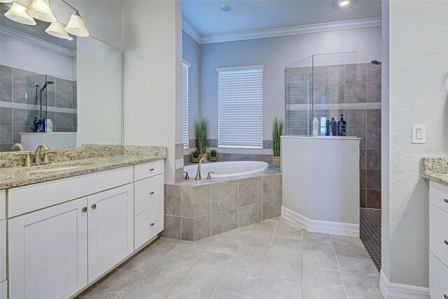 15240 Spanish Point Dr, Port Charlotte, FL 33981 - bathroom featuring a bath, vanity, crown molding, and walk in shower