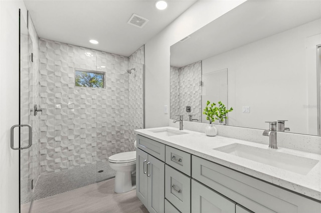 bathroom with vanity, a shower with shower door, and toilet