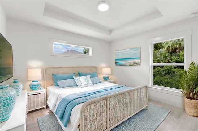 bedroom with hardwood / wood-style flooring, a tray ceiling, and multiple windows