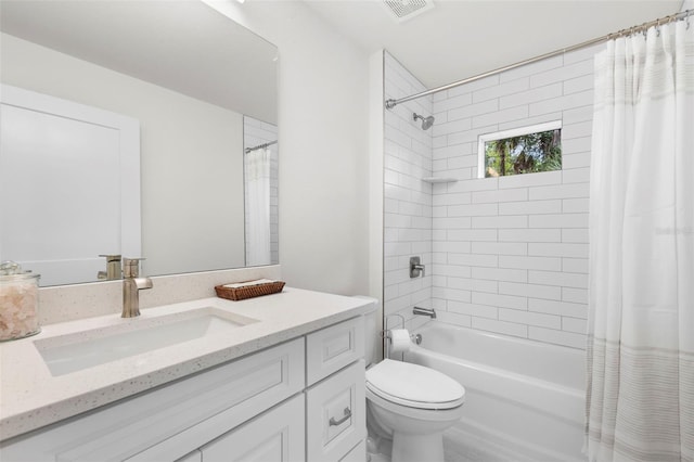 full bathroom with vanity, shower / bathtub combination with curtain, and toilet