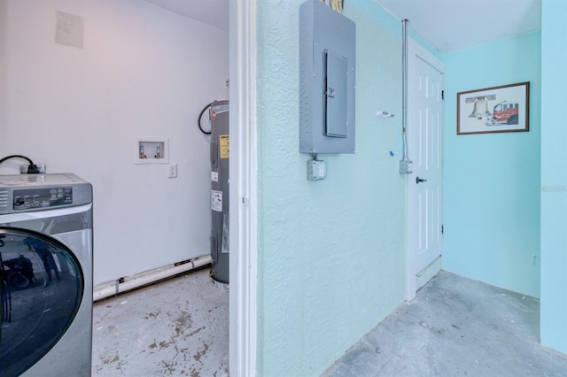 laundry area featuring electric water heater, washer / dryer, and electric panel