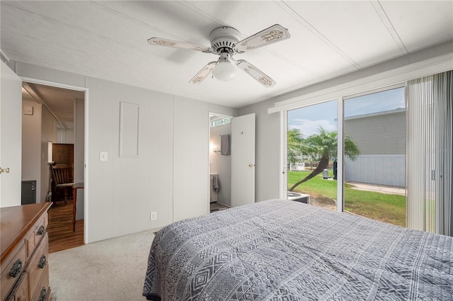 bedroom featuring access to outside, carpet, and ceiling fan