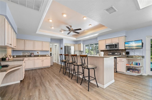 kitchen with ceiling fan, a tray ceiling, light wood-type flooring, a breakfast bar area, and appliances with stainless steel finishes