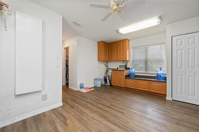 kitchen with ceiling fan and wood-type flooring