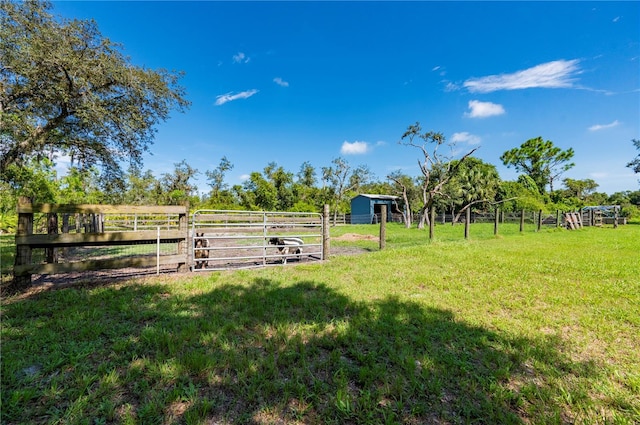 view of yard with an outdoor structure and a rural view