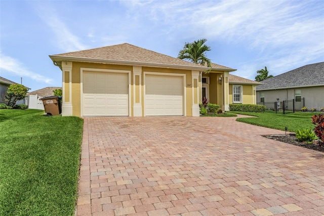 3327 Surfside Blvd, Cape Coral, FL 33914 - ranch-style house with stucco siding, an attached garage, a front lawn, and fence