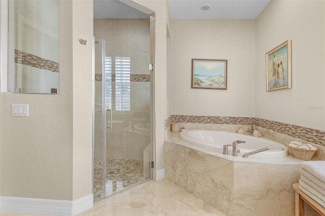 bathroom featuring shower with separate bathtub and tile patterned floors