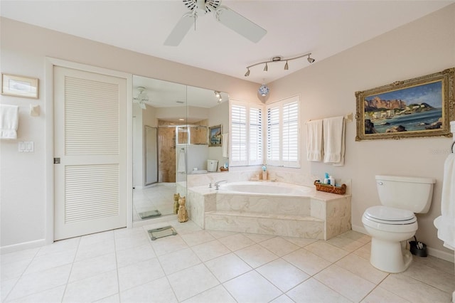 bathroom with ceiling fan, tile patterned floors, toilet, and independent shower and bath