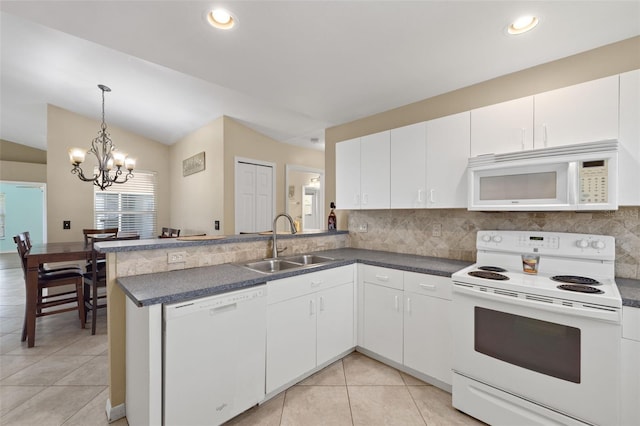 kitchen with sink, kitchen peninsula, white appliances, and white cabinets