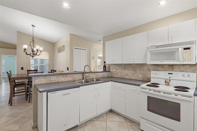 kitchen featuring decorative backsplash, white appliances, sink, and kitchen peninsula