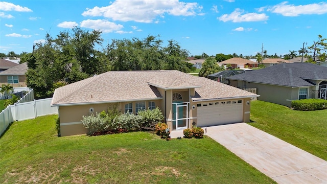 ranch-style house with a garage and a front yard