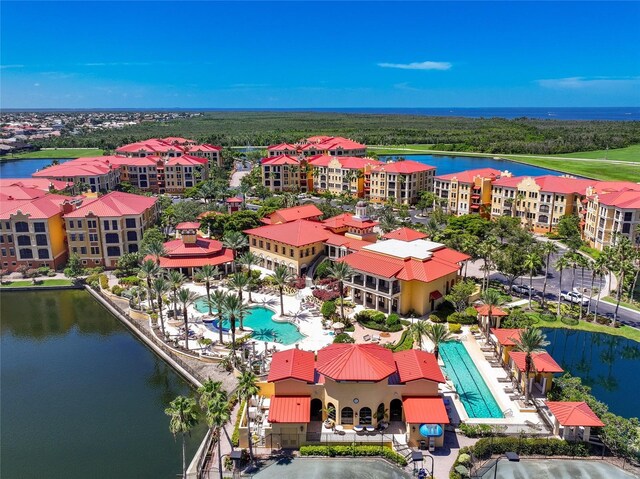 aerial view featuring a water view