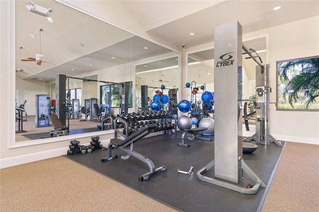 gym featuring ceiling fan