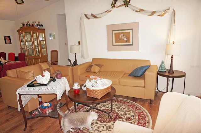 living room featuring hardwood / wood-style flooring and vaulted ceiling