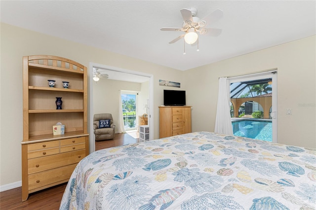 bedroom with access to outside, wood-type flooring, and ceiling fan