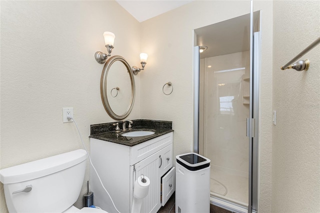 bathroom with a shower with door, vanity, and toilet