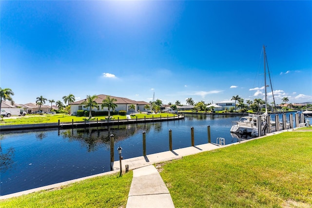 dock area featuring a yard and a water view