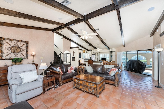 tiled living room featuring ceiling fan, high vaulted ceiling, and beam ceiling