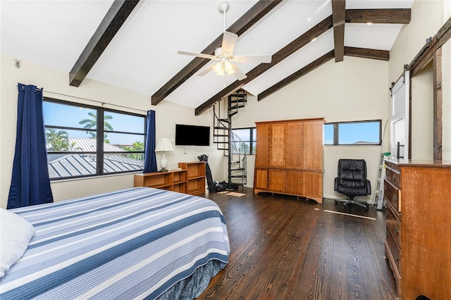 bedroom featuring a barn door, high vaulted ceiling, dark hardwood / wood-style floors, ceiling fan, and beam ceiling