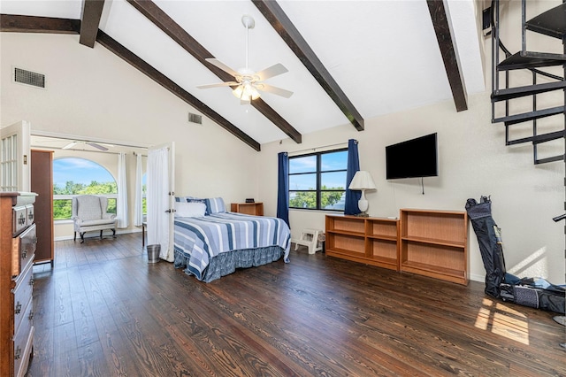 bedroom with dark hardwood / wood-style flooring, high vaulted ceiling, ceiling fan, and beamed ceiling