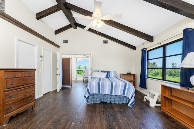 bedroom featuring high vaulted ceiling, ceiling fan, dark hardwood / wood-style floors, and beamed ceiling