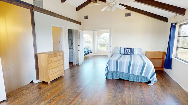 bedroom with beamed ceiling, high vaulted ceiling, dark hardwood / wood-style floors, and ceiling fan