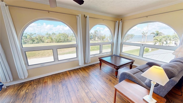 living area with ornamental molding, plenty of natural light, hardwood / wood-style floors, and a textured ceiling