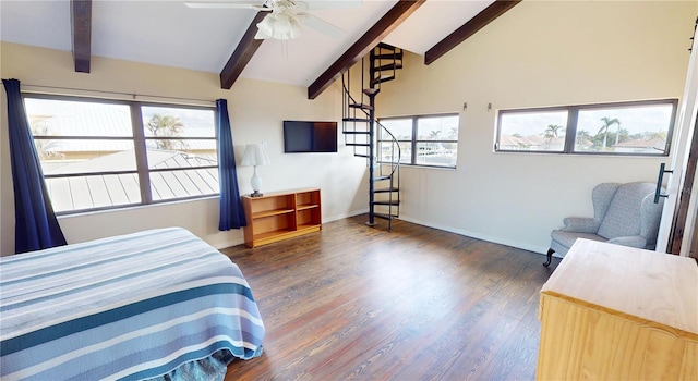 bedroom with vaulted ceiling with beams and dark wood-type flooring