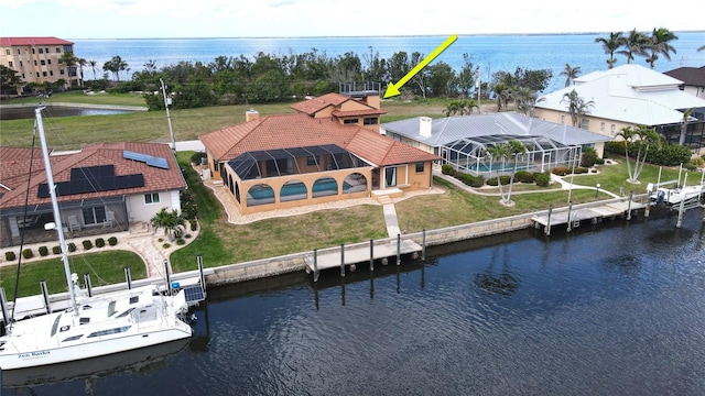 aerial view featuring a water view