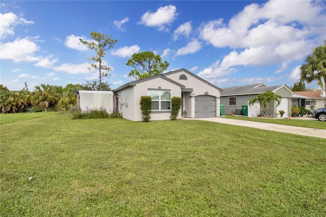 ranch-style home featuring concrete driveway, a front lawn, an attached garage, and stucco siding