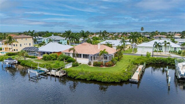 bird's eye view with a water view