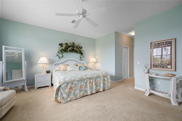 carpeted bedroom featuring ceiling fan and a closet